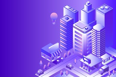 night city landscape. cityscape 3d vector isometric. skyline scene. smart city: skyscraper, building, architecture, car, shop, street, road, coffee. technology in megapolis. background with gradient.