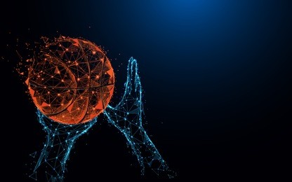 abstract basketball player hands shooting basketball form lines and triangles, point connecting network on blue background. illustration vector