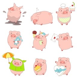 set of cute pigs in kawaii style. funny, happy, laughing, playing in mud, sleeping,  running, eating, with cake, with letter, with ice cream and a glass of soda, in a raincoat with an umbrella. eps8