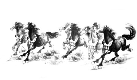 5 oriental style painting of a running horse, traditional chinese ink and wash painting.