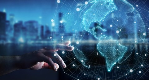 businesswoman on blurred background using usa world map interface 3d rendering