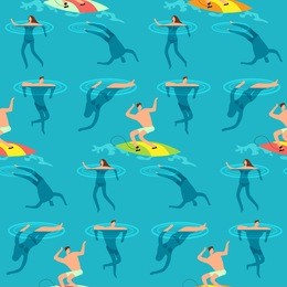 people swimming and diving ocean. summer time on beach exotic vintage seamless vector pattern. people swim in ocean, diving and surf board illustration