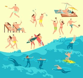 sunbathing, playing and swimming people in summer beach vector illustration. people man and woman on beach sea, travel summer vacation