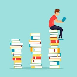 guy sits on books reading. flat design vector illustration.