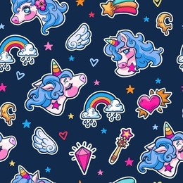vector seamless hand drawn pattern with cute adorable unicorns, clouds, rainbow and stars in cartoon style on dark. magic childish background with little unicorns.