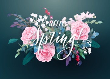 floral spring card or poster graphic design with pink roses, white flowers, exotic leaves, eucalyptus and succulents. romantic decorative bouquet. vector illustration.