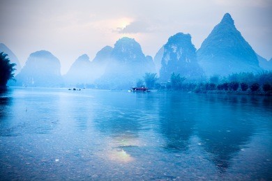 karst hills scenery at sunrise, a famous tourist destination in yangshuo,guilin,china