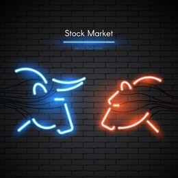 image of a bull and bear made of neon lamps on a background in the form of a dark brick wall. stock market logo or emblem with bright neon light.