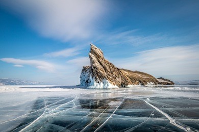 lake baikal, island ogoy, ice, clear, cracks, winter, day, landscape, rock, stone