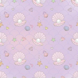 cute pearl and mermaid skin seamless pattern decolated with diamond and sea animals such as oyster and starfish in pastel theme.