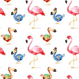 wonderland seamless texture.magical pattern with fantasy dodo bird and flamingo.perfect for wallpaper,print,packaging,invitations,birthday,wedding,book cover etc