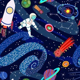 vector color pattern with image of an astronaut in outer space, rocket, galaxy, planet, stars and comets on dark blue background. suitable for wallpaper, wrapping paper, textiles, children's playroom.