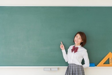 beautiful young asian school girl,blackboard