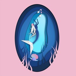 illustration of a mermaid with pearl, seaweed and little fishes in the under sea. paper cut carved of mermaid on under the sea, origami concept. paper cut and craft style. vector, illustration.