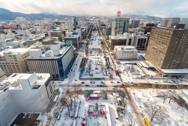 high view of odori garden from tv tower in winter season.