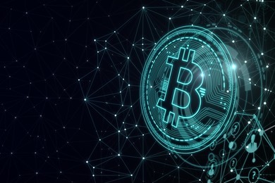 glowing polygonal bitcoin background. cryptocurrency and finance concept. 3d rendering 