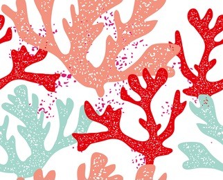 hand drawn seamless vector pattern. trendy pattern with corals and algae on a white background for printing, fabric, textile, manufacturing, wallpapers. sea bottom.
