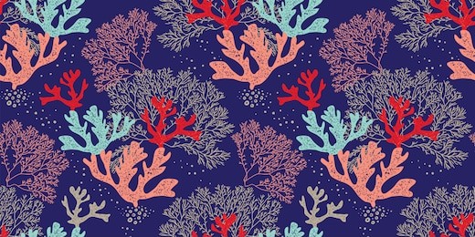 hand drawn seamless vector pattern. trendy pattern with corals and algae on a blue background for printing, fabric, textile, manufacturing, wallpapers. sea bottom.
