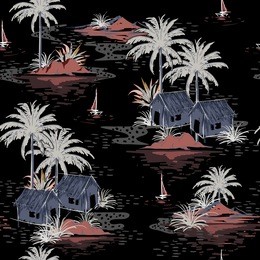 beautiful seamless dark night island pattern on black background. landscape with palm trees,beach and ocean vector hand drawn style.