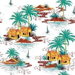 beautiful colorful seamless island pattern on white background. landscape with palm trees,beach and ocean vector hand drawn style.