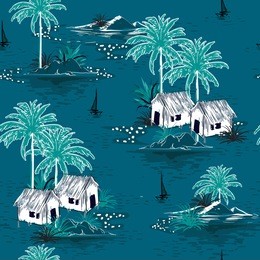 summer stylish seamless dark ocean island pattern on blue background. landscape with palm trees,beach and ocean vector hand drawn style.