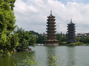 banyan lake pagodas, guilin, china ,one represents the sun, the other the moon