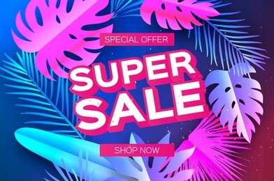 tropical super sale banne. palm leaves, plants. exotic paper cut art. hawaiian. text. origami monstera jungle floral background. special offer. poster, flyer, voucher discount.