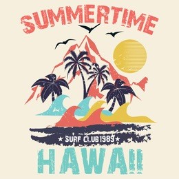 summer time - vector illustration in vintage graphic style for t-shirt and other print production. palms, wave and sun creative logo badge. summer vacation concept. design elements.