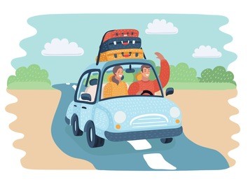vector cartoon illustration of riding man traveling by car on the countryside road. happy couple rides in the car. sutecases on top. funny human characters.