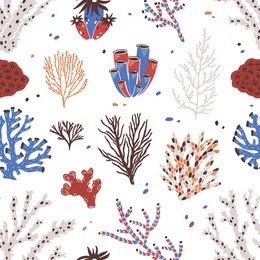 seamless pattern with various corals and seaweed or algae on white background. backdrop with beautiful underwater species, deep sea creatures. hand drawn colorful vector illustration for textile print