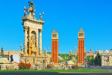 panorama  square of spain (placa de espanya),in barcelona - capital of the autonomy of catalonia. spain.