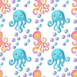 seamless pattern with octopus, bubbles watercolor. underwater background