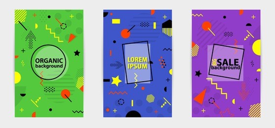 trendy memphis style geometric pattern with bright geometric leaves foliage, vector illustration with line elements and abstract geometric figures. design backgrounds for  invitation, brochure