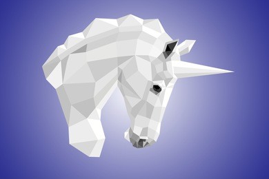 vector image of the unicorn's white head in profile in polygonal design on a blue gradient background
