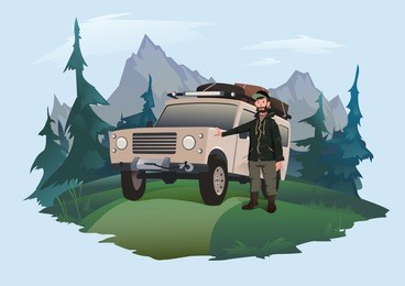 man driver stands next to the suv on a forest road. jeeping emblem. traveling by off-road car. vector illustration, isolated on light background.