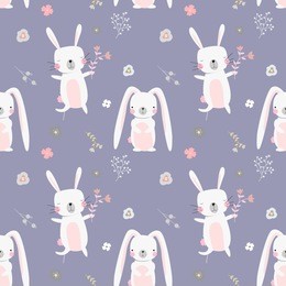 lovely rabbits in hearts and flowers. cute childish seamless pattern in cartoon style. seamless pattern can be used for wallpapers, pattern fills, web page backgrounds, surface textures