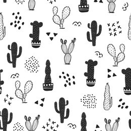 seamless cactus pattern. repeating hand drawn background. black and white cacti print in the scandinavian style. vector