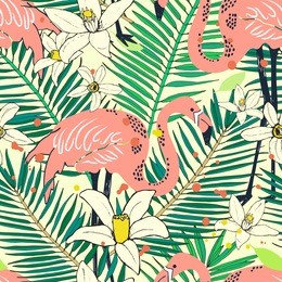 abstract hand painted seamless animal background. isolated pink birds flamingo tropical pattern with palm leaves. vector illustration.