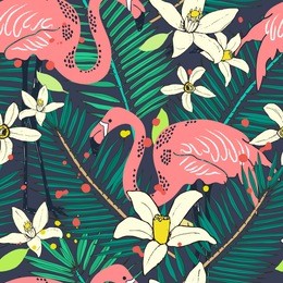 abstract hand painted seamless animal background. isolated pink birds flamingo tropical pattern with palm leaves. vector illustration.