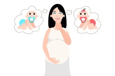 illustration of young dreaming woman in expectancy thinking of baby gender looking happy. eps vector illustration