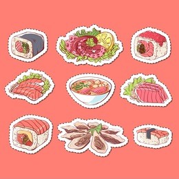 japanese cuisine dishes isolated labels. octopus, oysters, tuna, nigiri, sushi roll with shrimps, sashimi with salmon, soup with seafoods sketches. asian restaurant menu design vector illustration.