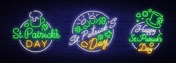 st patricks day is collection of neon signs. character collection, logo with beer, neon banner, vivid design in neon style, festive illustration for greeting card, flyer, party. vector illustration