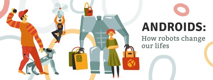 robots change life, automatic devices with various duties, header on white background with color rings vector illustration