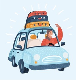 vector cartoon illustration of a woman driving car with luggage trunks suitcase on top. travel or relocation, migration, trip concept. funny female character and object on white background.