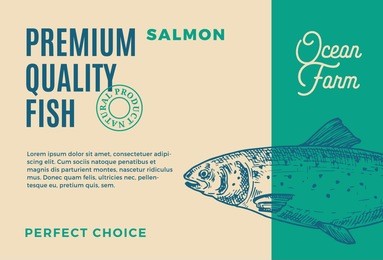premium quality salmon. abstract vector fish packaging design or label. modern typography and hand drawn salmon silhouette background layout.