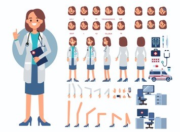 doctor woman character constructor and medical objects for animation.  set of various men's poses, faces, mouth, hands, legs. flat style illustration isolated on white background.