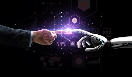 artificial intelligence, future technology and business concept - robot and human hand with flash light and virtual screen projection over black background