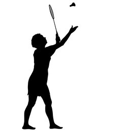black silhouette of female badminton player on white background.