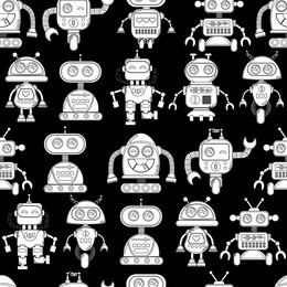 a cute, small, friendly blue with a red robot, with antennas and wires, kind vintage eyes and comic style inscriptions. abstract seamless robot pattern for girls or boys. creative robot vector pattern