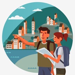 young, smiling couple planning the route and looking at the map. travel, vacation, holidays and adventure vector concept illustration. landscape with town and hills
